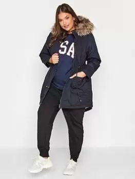 Yours Faux Fur Trim Parka - Navy, Size 14, Women