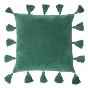 Medina Velvet Tasselled Cushion Juniper Green, Juniper Green / 45 x 45cm / Polyester Filled