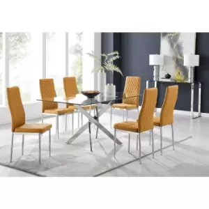 Furniturebox UK - Furniturebox Leonardo 150cm Modern Glass And Chrome Metal Leg Dining Table And 6 Mustard Yellow Milan Faux Leather Silver Chrome