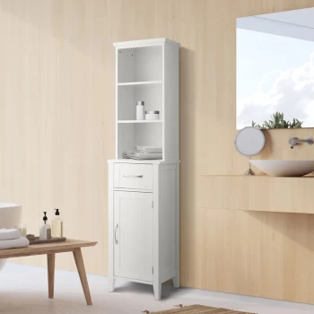 Teamson Home Wooden Bathroom Furniture Tall Cabinet Free Standing Linen Tower Shelves & Drawer White EHF-F0006 - White