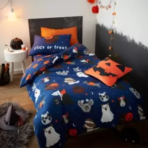 Kids Halloween Dogs Glow in the Dark Reversible Duvet Cover Set, Blue, Double - Catherine Lansfield