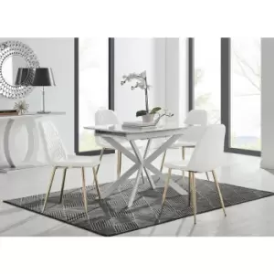 Lira 100 Extending Dining Table and 4 White Corona Faux Leather Dining Chairs with Gold Legs Diamond Stitch - White