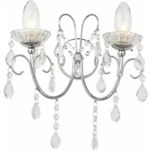 Loops - Bathroom Twin Wall Light Chrome & Hanging Crystal Glass Modern IP44 Dimmable