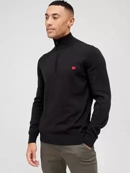 HUGO San Quintus Quarter Zip Knitted Jumper - Black, Size XL, Men