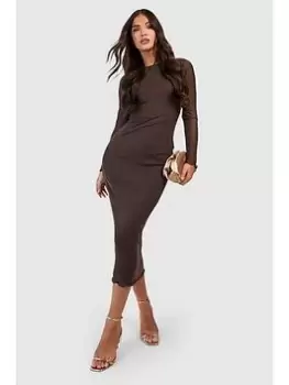 Boohoo Mesh Long Sleeve Midaxi Dress - Chocolate, Brown, Size 16, Women