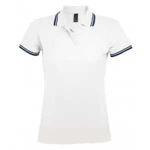 SOLS Womens/Ladies Pasadena Tipped Short Sleeve Pique Polo Shirt (M) (White/Navy)