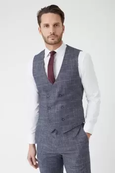 Mens Slim Fit Navy Textured Pow Check Waistcoat