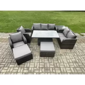 Fimous 7 Seater Outdoor Rattan Dining Sofa Complete Set with Adjustable Table and 2 Big Footstools