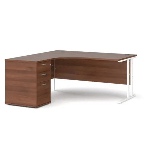 Office Desk Left Hand Corner Desk 1600mm With Pedestal Walnut Top With White Frame Maestro 25