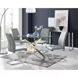 Furniturebox Leonardo 120cm Modern Glass And Gold Metal Leg Dining Table And 4 Elephant Grey Lorenzo Faux Leather Silver Chrome Leg Dining Chairs