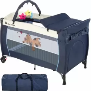 Tectake - Travel cot Dog 132x75x104cm with changing mat, play bar & carry bag - cot bed, baby travel cot, pop up travel cot - blue