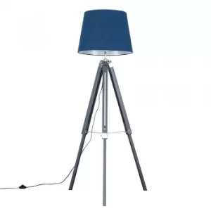 Clipper Grey and Chrome Tripod Floor Lamp with XL Navy Blue Aspen Sha