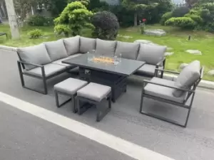 Fimous 7 Seater Outdoor Dark Grey Aluminum Lounge Complete Sofa Set with Gas Fire Pit and 2 Stools