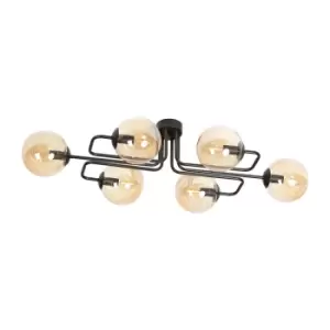 Brendi Black Globe Bar Pendant Ceiling Light with Amber Glass Shades, 6x E14