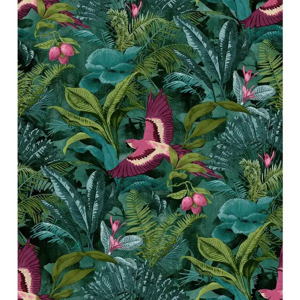 RASCH Rasch - Tropical Rainforest Wallpaper Botanical Floral Birds Jungle Teal Green WL-214727