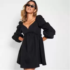 I Saw It First V Neck Puff Sleeve Smock Dress - Black