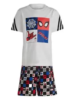 adidas Kids Disney Spiderman Short & Tee Set, White/Black, Size 5-6 Years