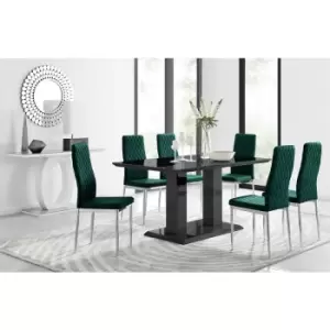 Furniturebox UK - Furniturebox Imperia 6 High Gloss Black Modern Dining Table and 6 Green Milan Faux Leather Dining Chairs With Silver Legs Diamond