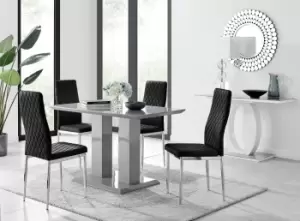 Imperia Grey High Gloss 4 Seater Dining Table with Structural 2 Plinth Column Legs 4 Soft Velvet Silver Leg Milan Chairs