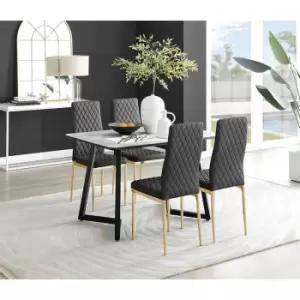 Furniturebox Carson White Marble Effect Recatngular 120cm Dining Table & 4 Black Milan Gold Leg Faux Leather Chairs