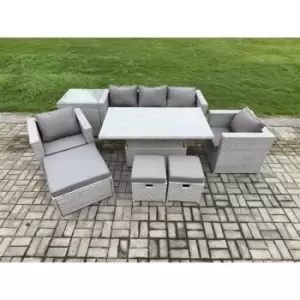 Fimous 5 Seater Outdoor Light Grey Rattan Lounge Complete Sofa Set with Height Adjustable Rising Lifting Table 2 Stools and Big Footstool