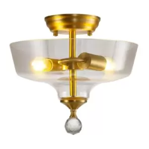 Luminosa Talisa 2 Light Semi Flush Ceiling Lamp E27 With Flat Round 30cm Glass Shade Satin Gold, Clear