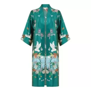 Yumi Green Satin Crane Border Kimono - Green