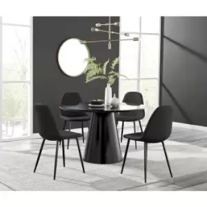 Furniturebox Palma Black Semi Gloss 120cm Round Minimalist Dining Table & 4 Black Corona Faux Leather Dining Chairs with Black Legs Diamond Stitch