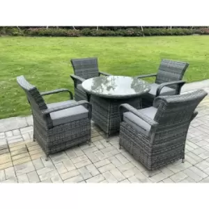 Fimous 4 Seater Outdoor Dark Grey Rattan Lounge Complete Dining Set with Round Clear Tempered Glass Table