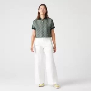 Lacoste Womens Regular Fit Contrast Collar Monogram Print Polo Shirt Size 8 Green / Beige