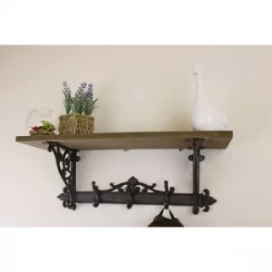 Wooden Wall Shelf with Cast Iron Coat Hooks