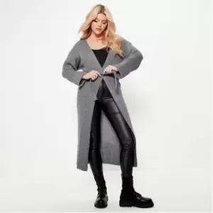 I Saw It First Wide Rib Belted Maxi Cardigan With Turn Up Sleeves - Grey