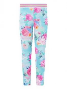 Monsoon Girls Floral Print Leggings - Turquoise Size Age: 7-8 Years, Women