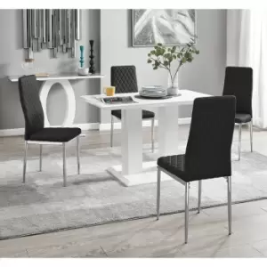 Furniturebox Imperia 4 High Gloss White Modern Dining Table And 4 Black Milan Faux Leather Dining Chairs With Silver Legs Diamond Stitch Modern