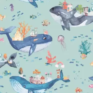 Holden Whale Town Soft Teal Childrens Wallpaper - wilko
