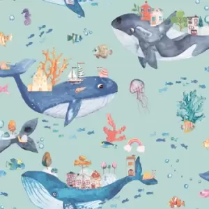 Holden Whale Town Soft Teal Childrens Wallpaper