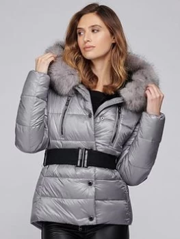 Barbour International Platinum Chromium Faux Fur Belted Quilted Jacket - Platinum, Grey, Size 14, Women