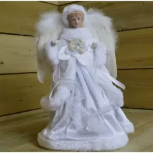 Festive - 35cm White Velvet Angel Christmas Tree Topper With Feather Wings