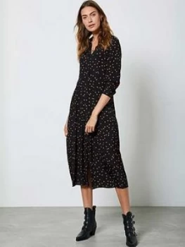 Mint Velvet Star Print Pleat Front Midi Shirt Dress - Black, Size 14, Women