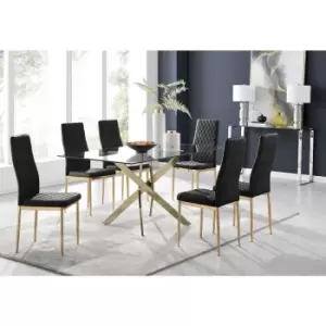 Furniturebox UK - Furniturebox Leonardo 6 Gold Leg Glass Dining Table and 6 Black Milan Velvet Dining Chairs With Gold Legs Diamond Stitch Modern