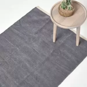 Dark Grey 100% Cotton Plain Chenille Rug with Natural Trim, 45 x 70cm - Grey - Homescapes