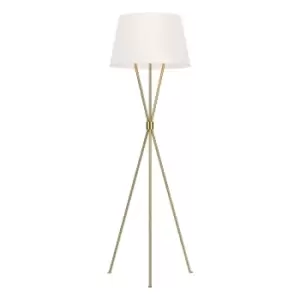 Floor Lamp Tripod Base Crossed Mid Stem White Shade Burnished Brass LED E27 60W