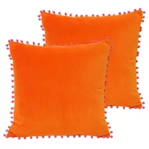 Paoletti Velvet Pom-Pom Twin Pack Polyester Filled Cushions Orange/Fuchsia