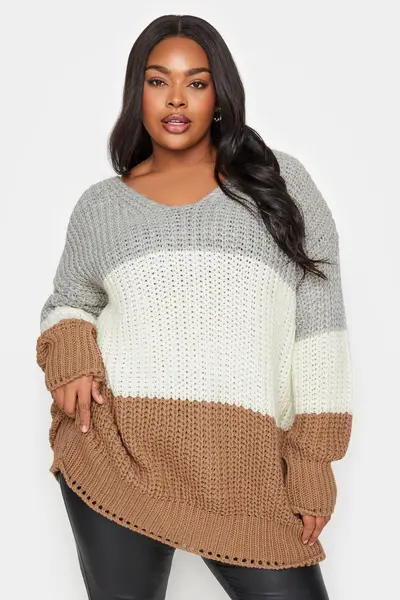 Yours Colour Block Knitted Jumper Light Beige