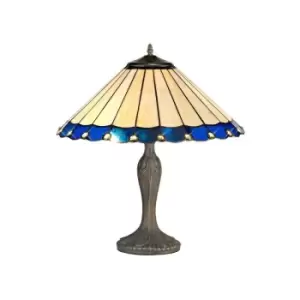 Luminosa Lighting - 2 Light Curved Table Lamp E27 With 40cm Tiffany Shade, Blue, Crystal, Aged Antique Brass