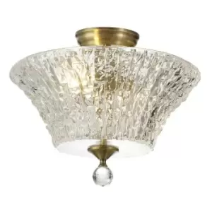 Luminosa Talisa 2 Light Semi Flush Ceiling Lamp E27 With Round 38cm Patterned Glass Shade Antique Brass, Clear