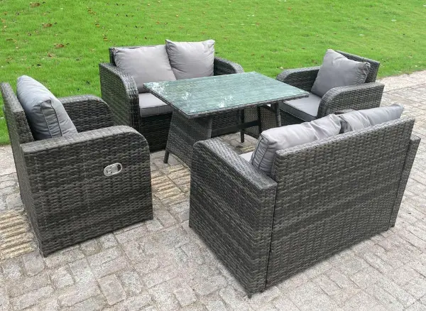 Fimous 6 Seater Outdoor Dark Grey Rattan Lounge Complete Sofa Set with Dining Table and Reclining Chairs