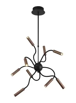 Sputnik Ceiling Pendant, 9 Light Adjustable Arms, 9 x 4W LED Dimmable, 3000K, 2250lm, Black, Satin Copper