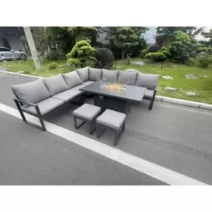 Fimous 7 Seater Outdoor Dark Grey Aluminum Corner Sofa Complete Dining Set with Gas Fire Pit and 2 Stools