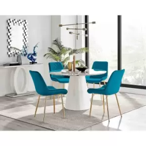 Furniture Box Palma White Marble Effect Round Dining Table and 4 Blue Pesaro Gold Leg Chairs